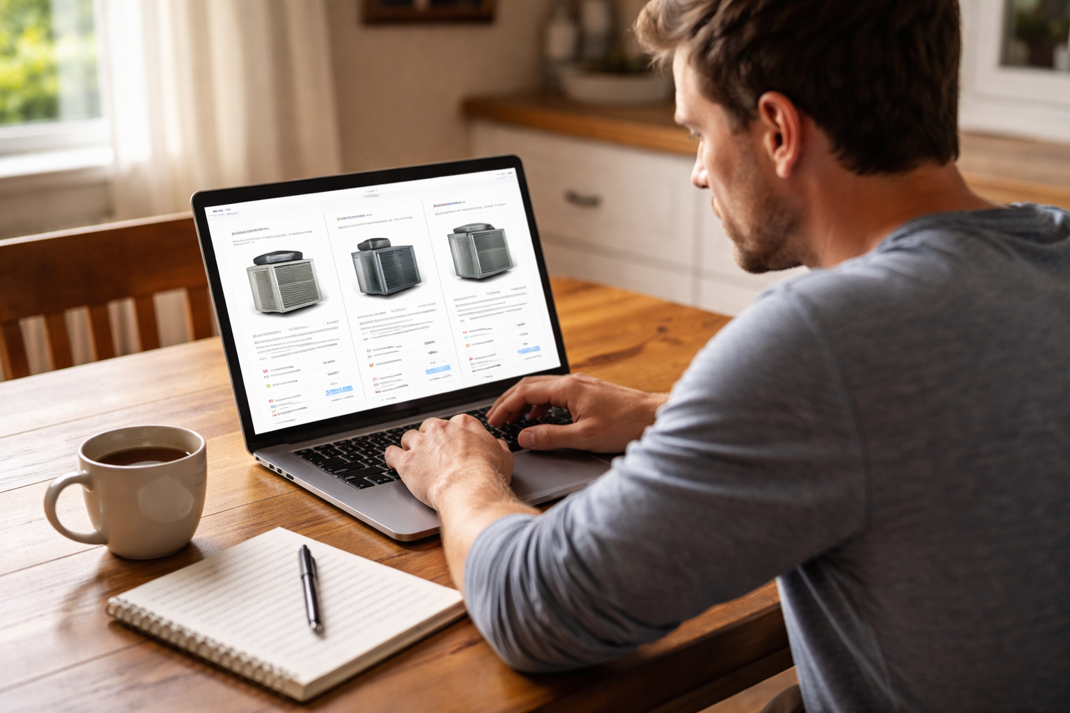 Homeowner comparing HVAC systems on laptop at wooden table