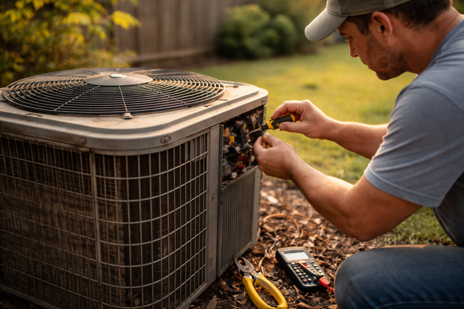 Outdoor HVAC condenser unit being serviced in residential backyard
