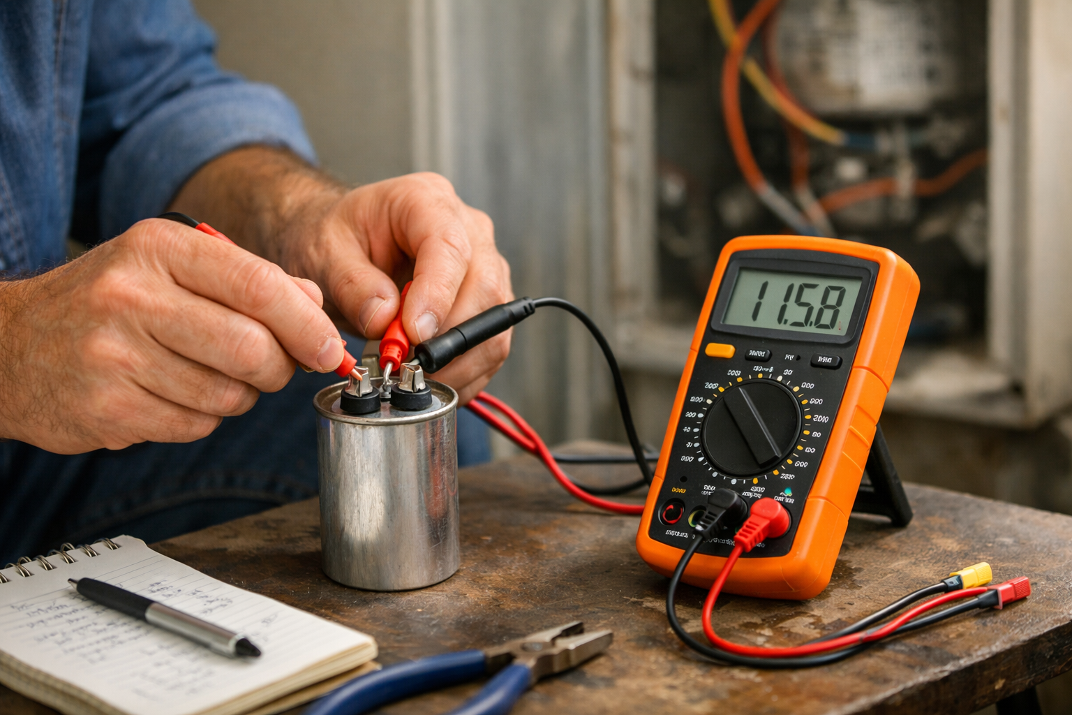 Using multimeter to test HVAC capacitor in home setting