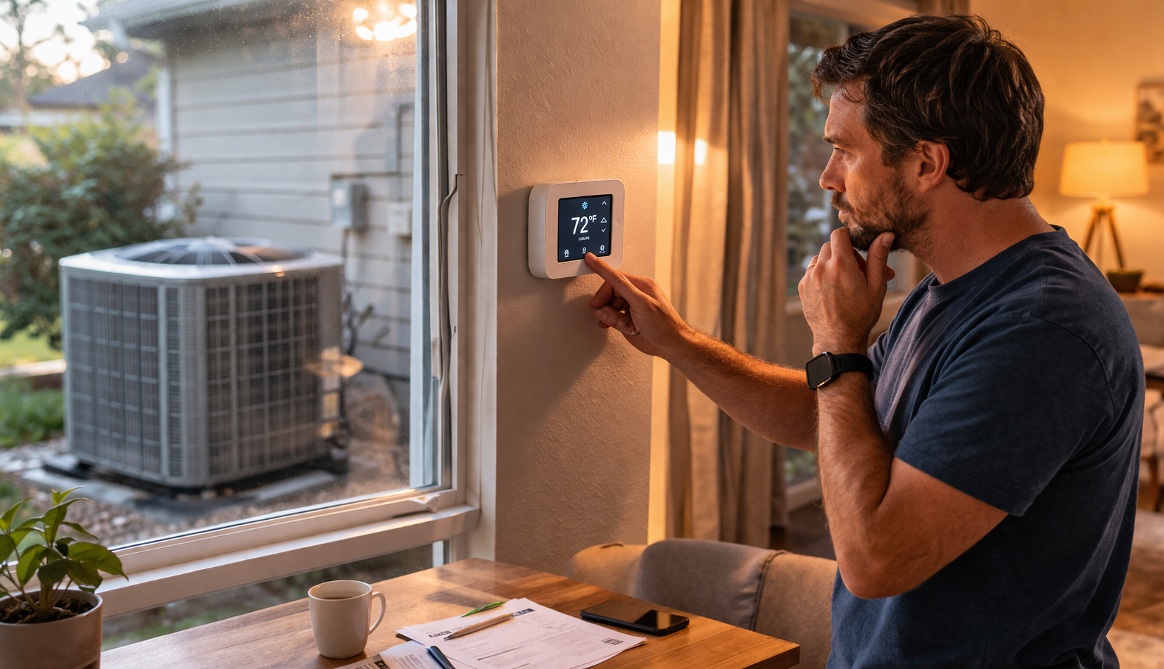 Homeowner adjusting thermostat while considering AC repair or replacement