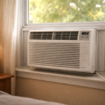 properly installed window air conditioner with slight tilt in home window