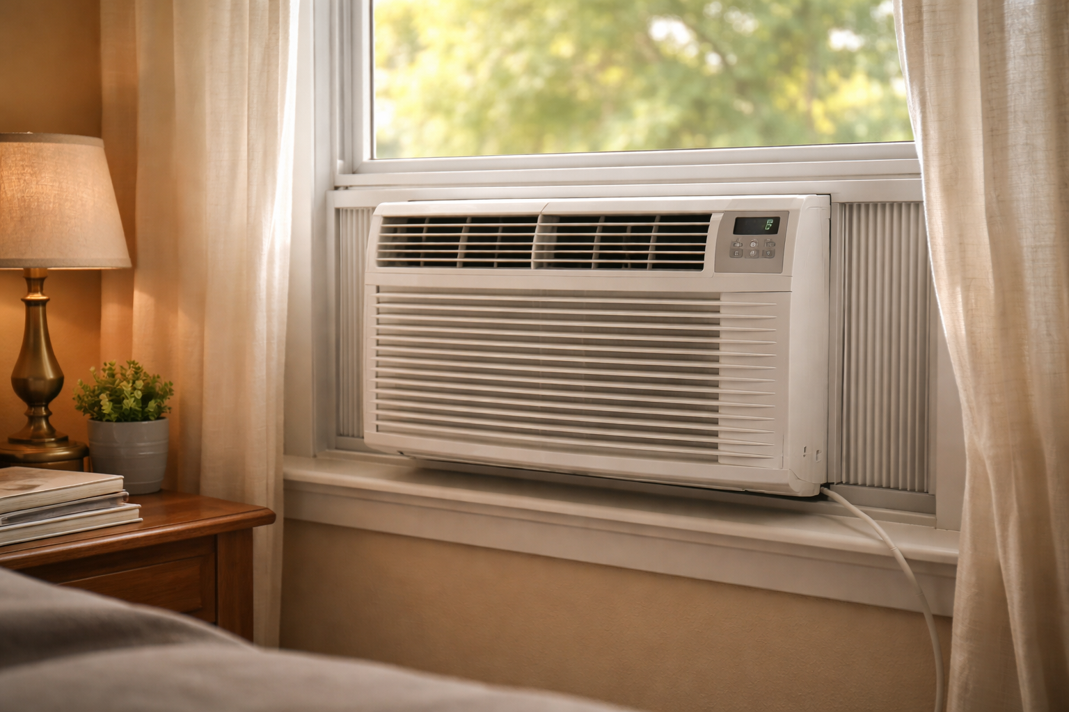 properly installed window air conditioner with slight tilt in home window