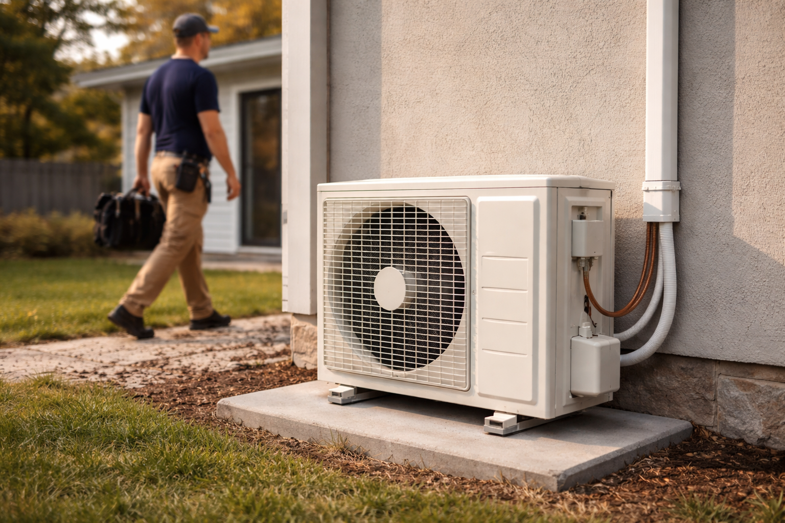 Outdoor condenser unit installed beside residential home wall