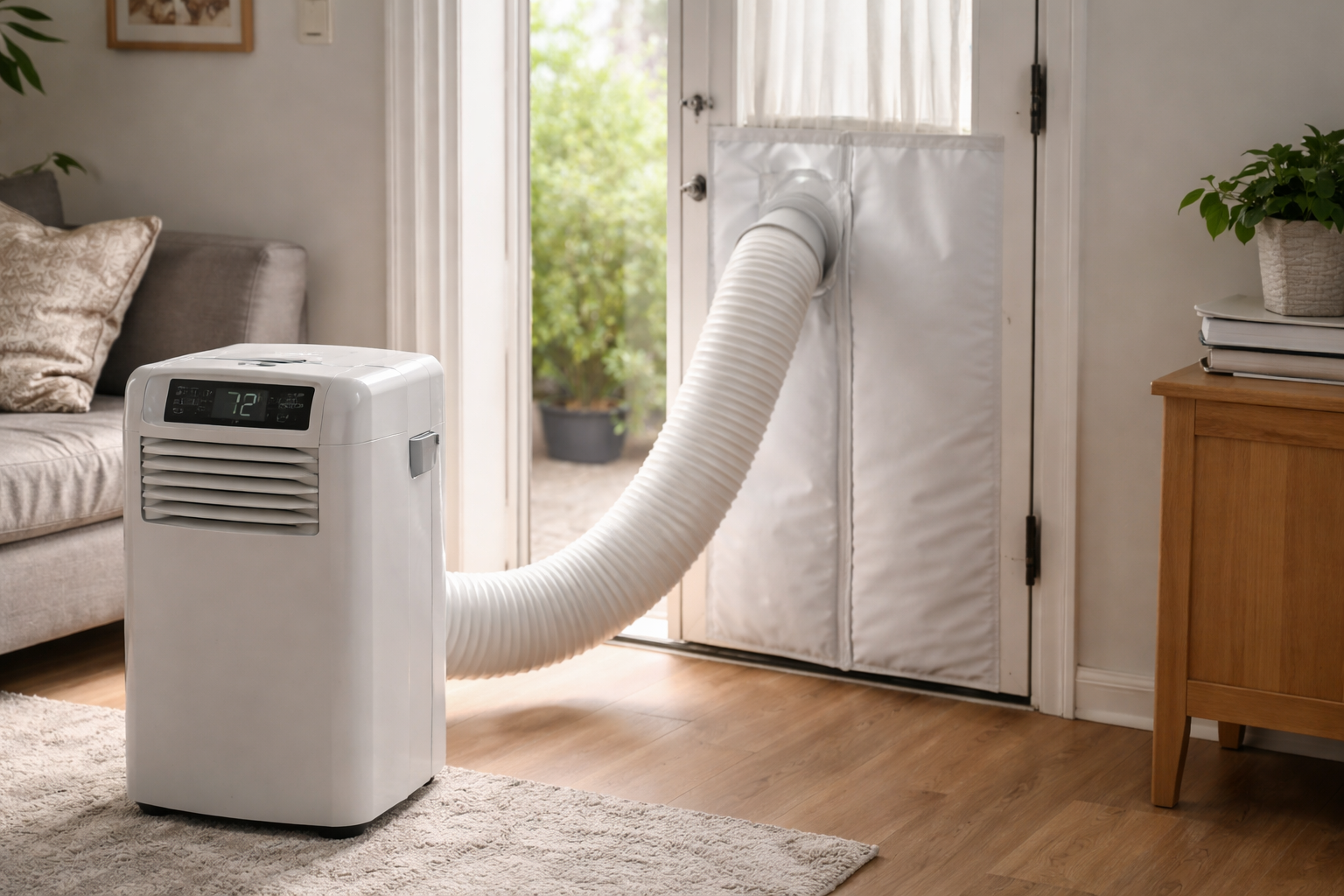 portable air conditioner vented through door with sealed gap setup
