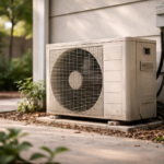 Outdoor AC condenser unit beside house in natural daylight