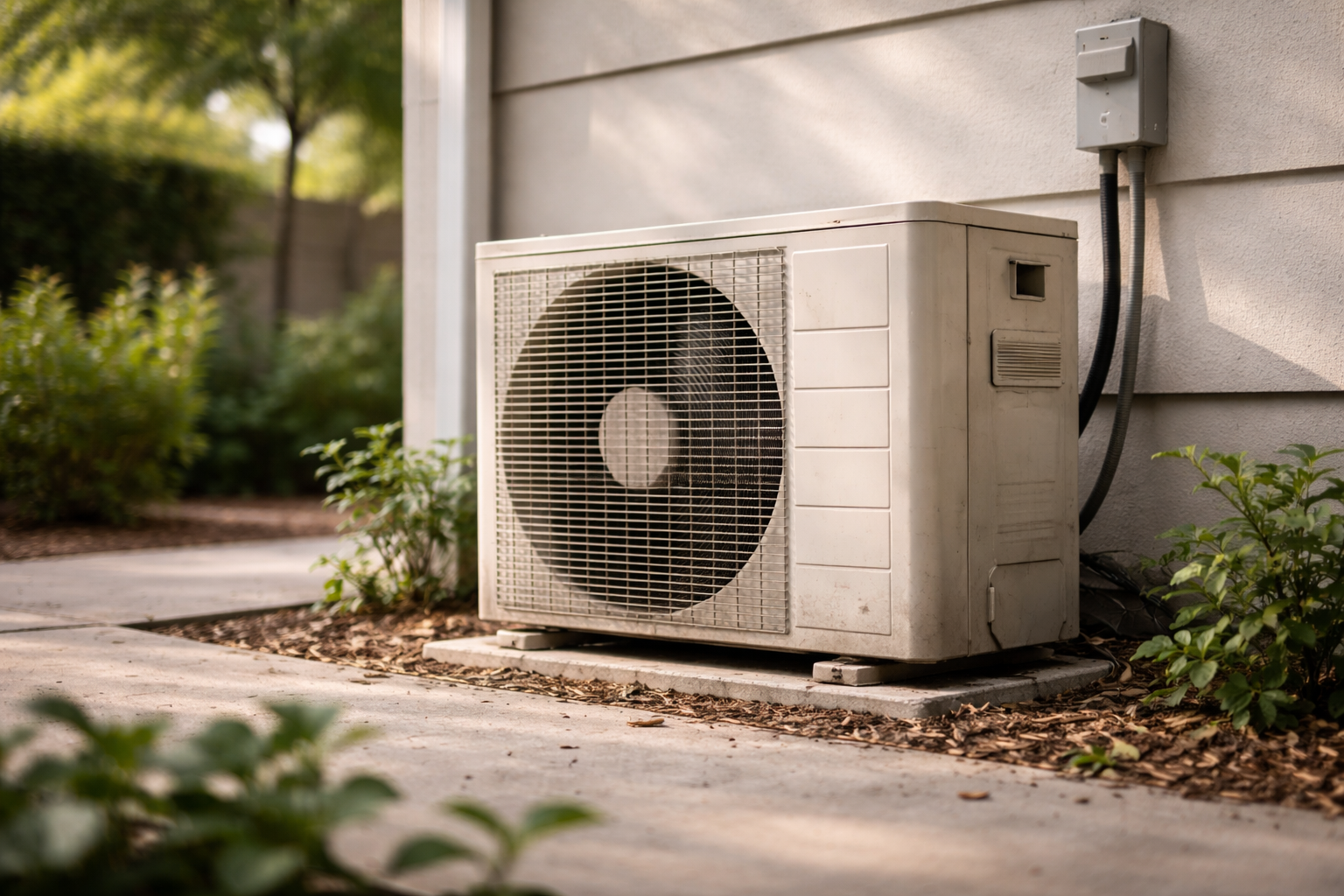 Outdoor AC condenser unit beside house in natural daylight