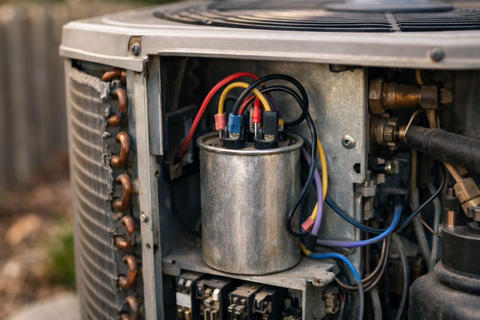 Close-up of air conditioner capacitor inside outdoor AC unit