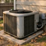 outdoor home air conditioner condenser unit installed beside house wall