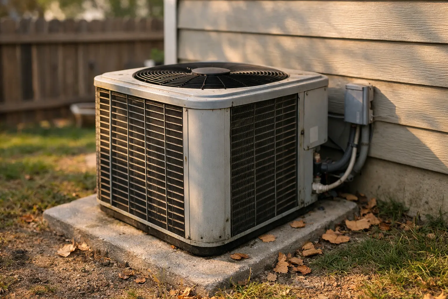 outdoor home air conditioner condenser unit installed beside house wall