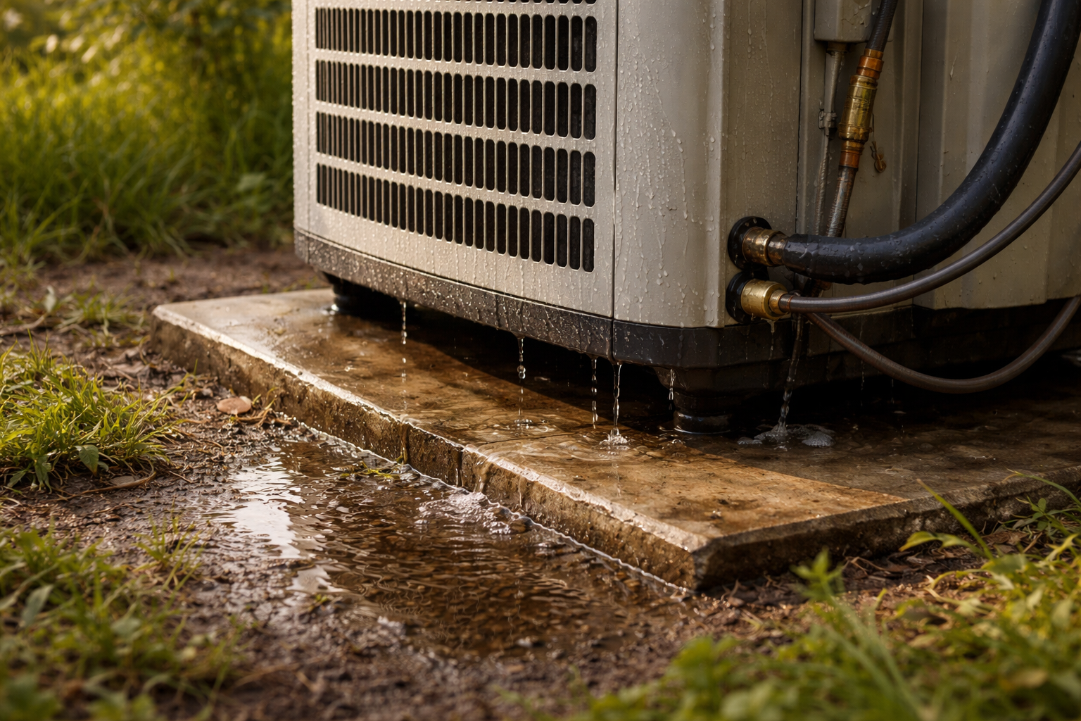 Outdoor AC unit dripping water into ground on humid day
