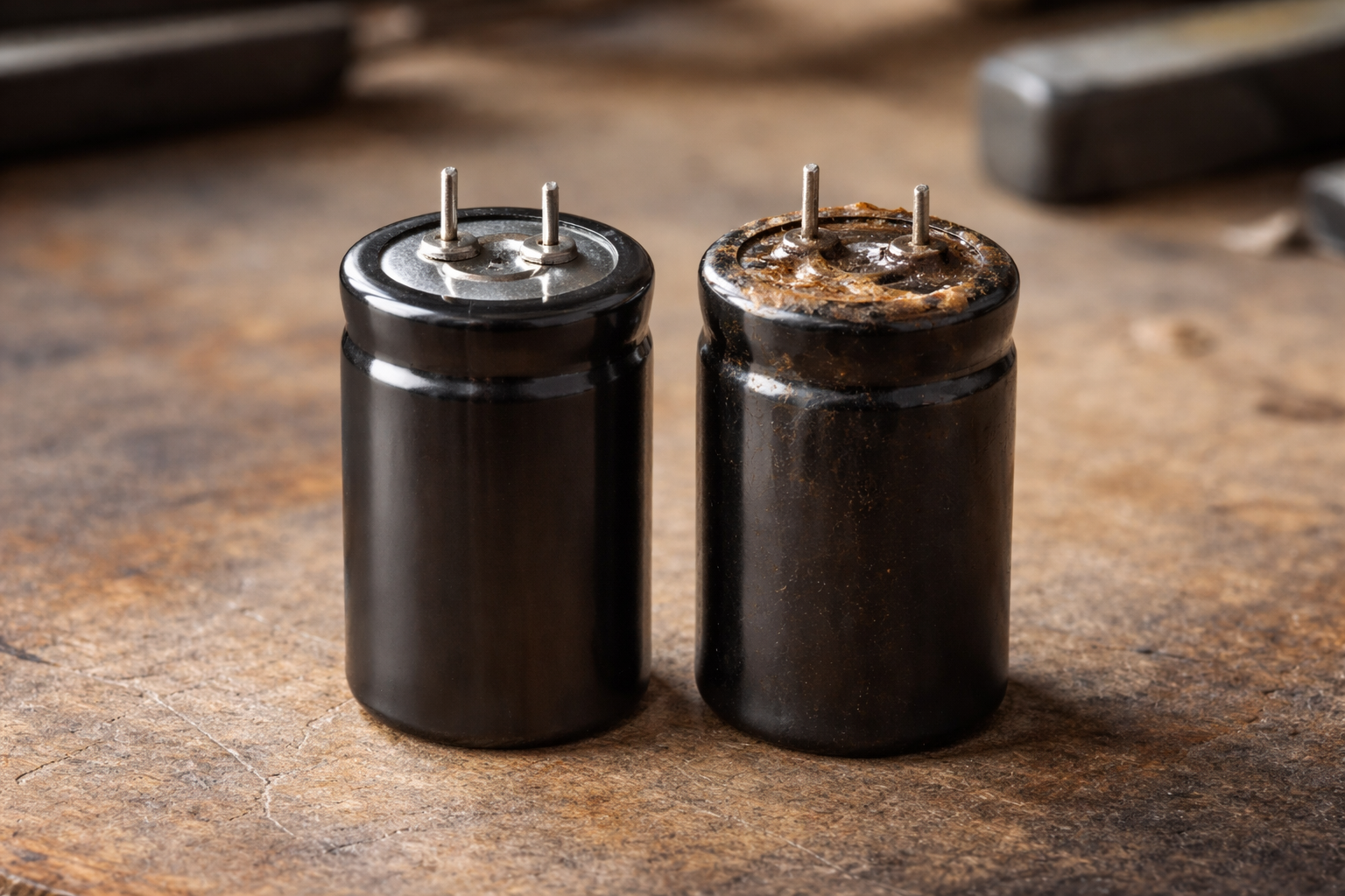 Healthy and bulging damaged air conditioner capacitor comparison