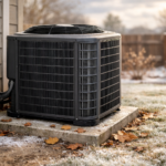 Outdoor air conditioner unit exposed during winter morning