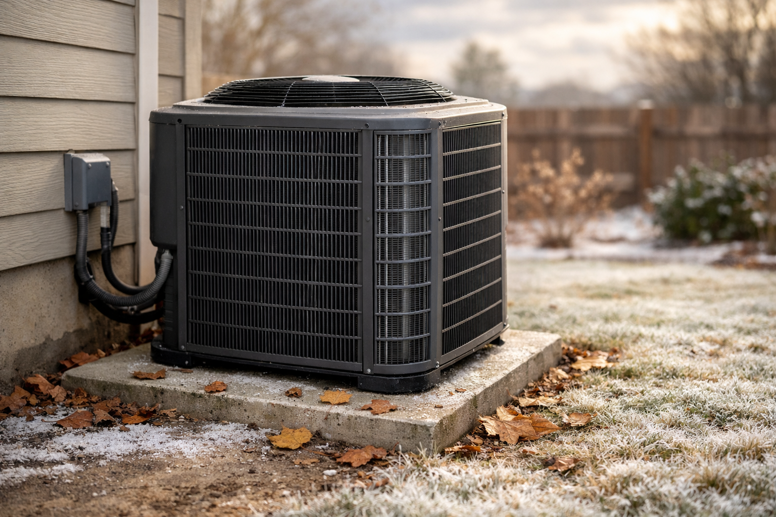 Outdoor air conditioner unit exposed during winter morning