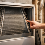 evaporator coil inside indoor AC unit with visible condensation