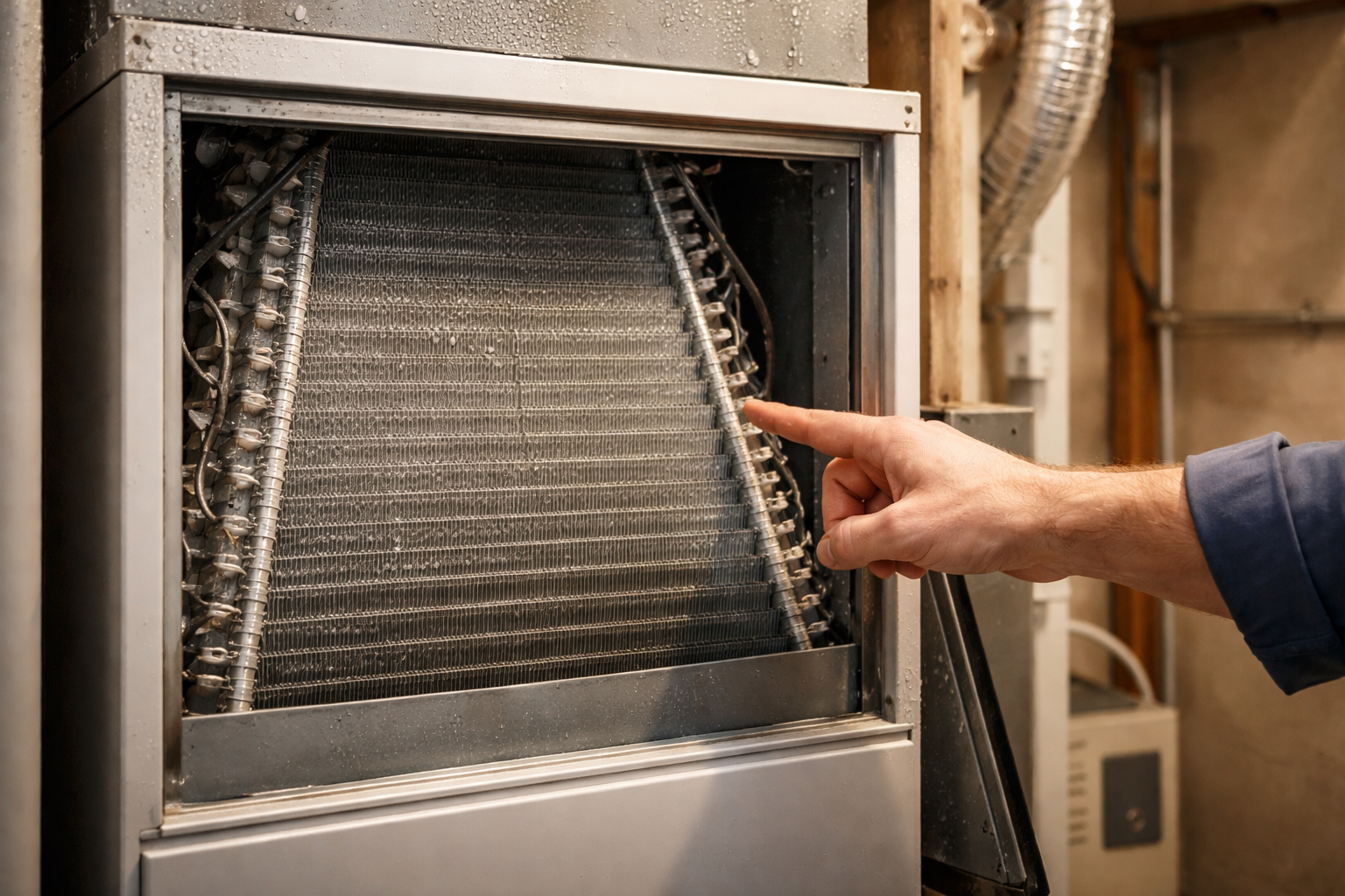 evaporator coil inside indoor AC unit with visible condensation