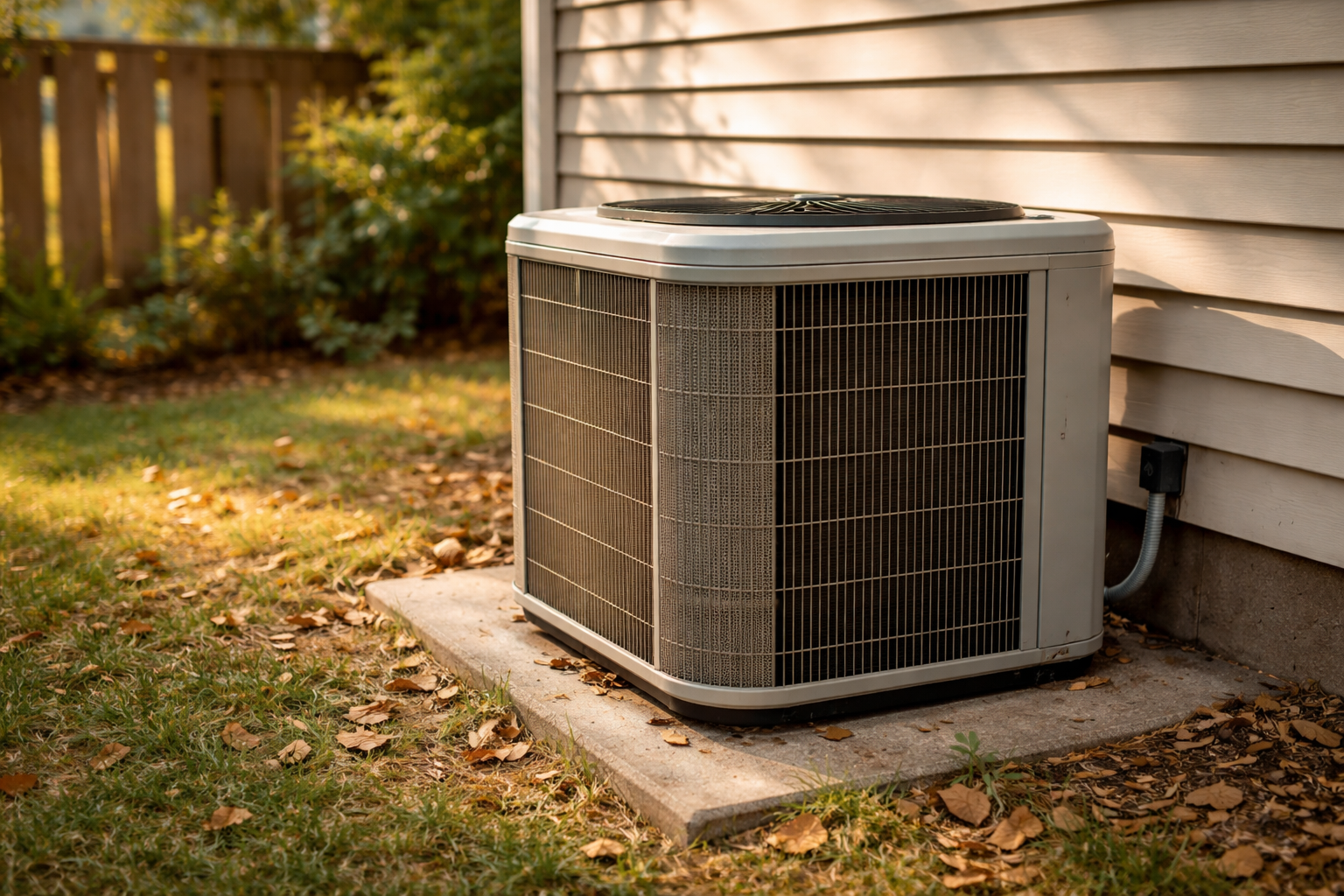 outdoor AC condenser unit with visible coil fins and airflow space