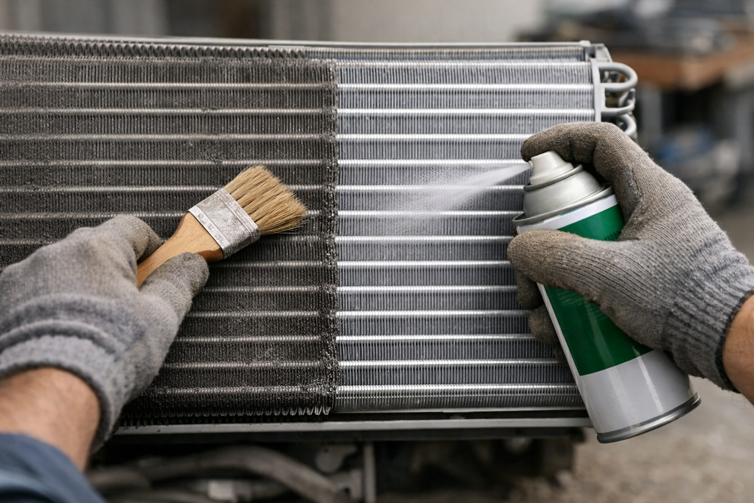 technician cleaning air conditioner coils with brush and spray