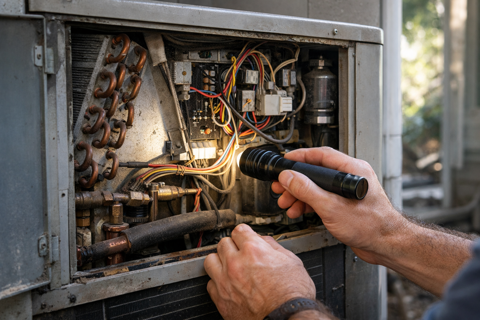 inside HVAC unit showing coils and components in natural lighting