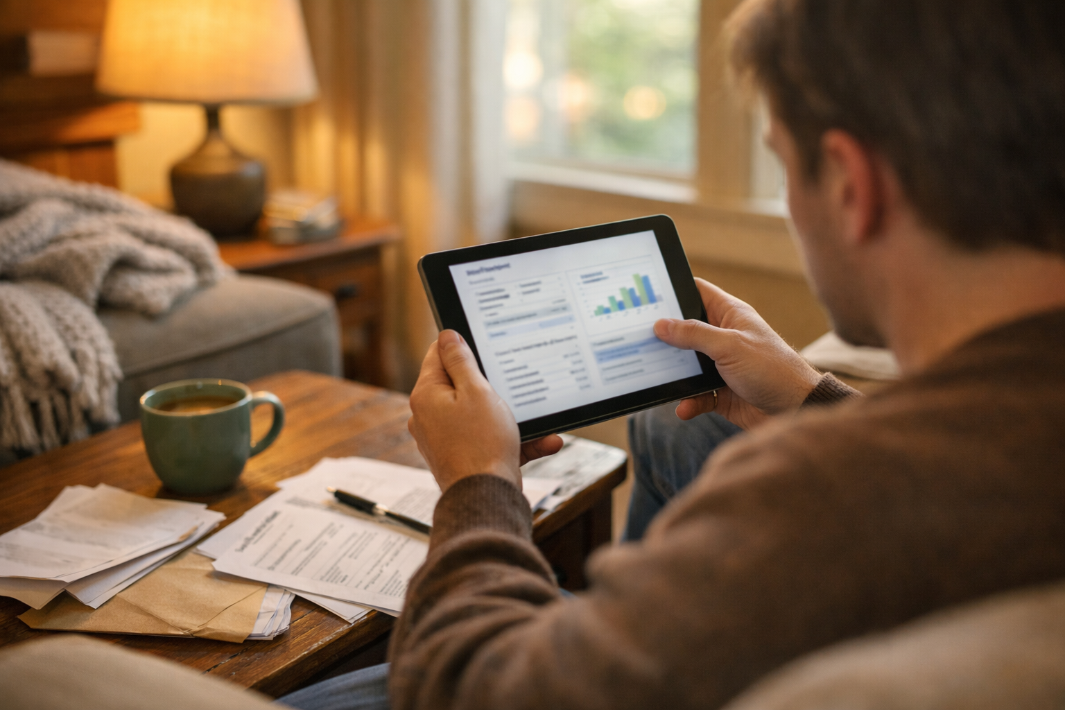 homeowner checking energy bills while considering HVAC efficiency options