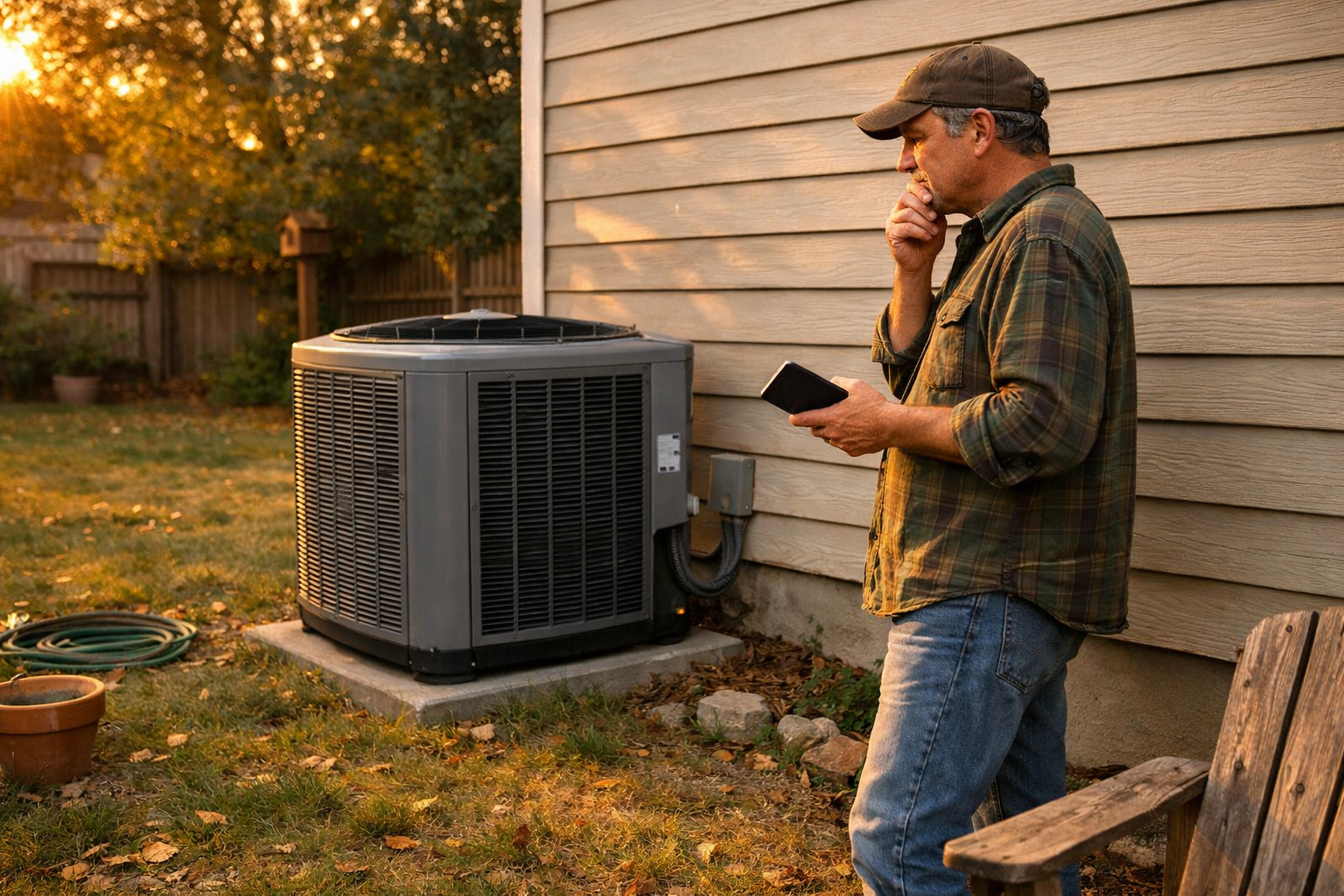homeowner deciding between heat pump and air conditioner outdoors