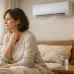 Person experiencing dry throat while air conditioner runs indoors