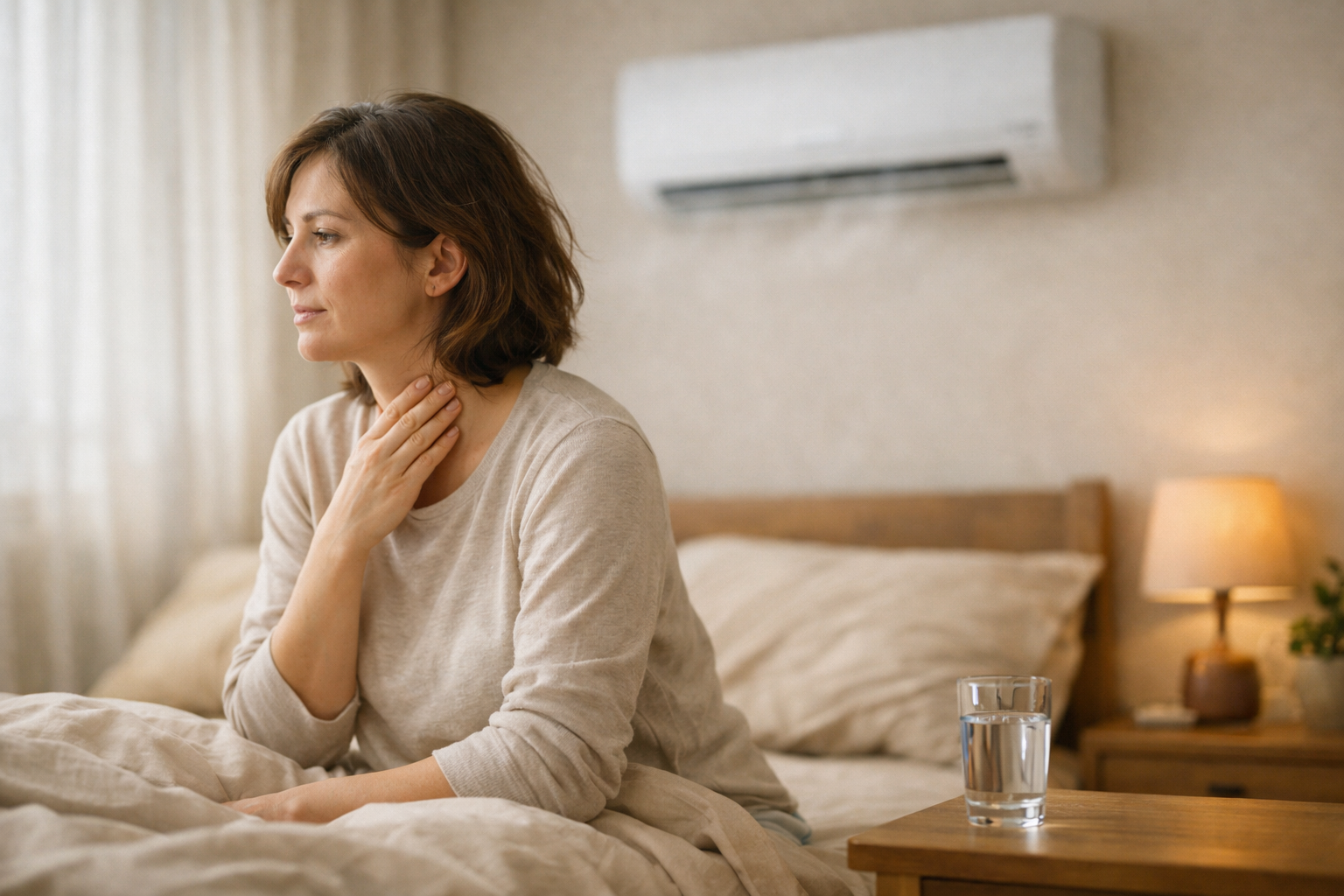 Person experiencing dry throat while air conditioner runs indoors