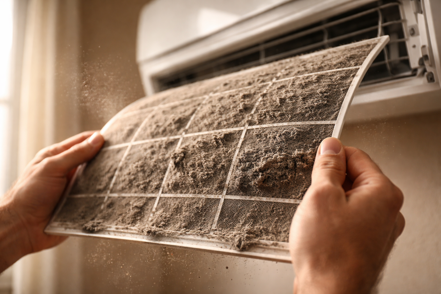 Dirty air conditioner filter filled with dust and allergens
