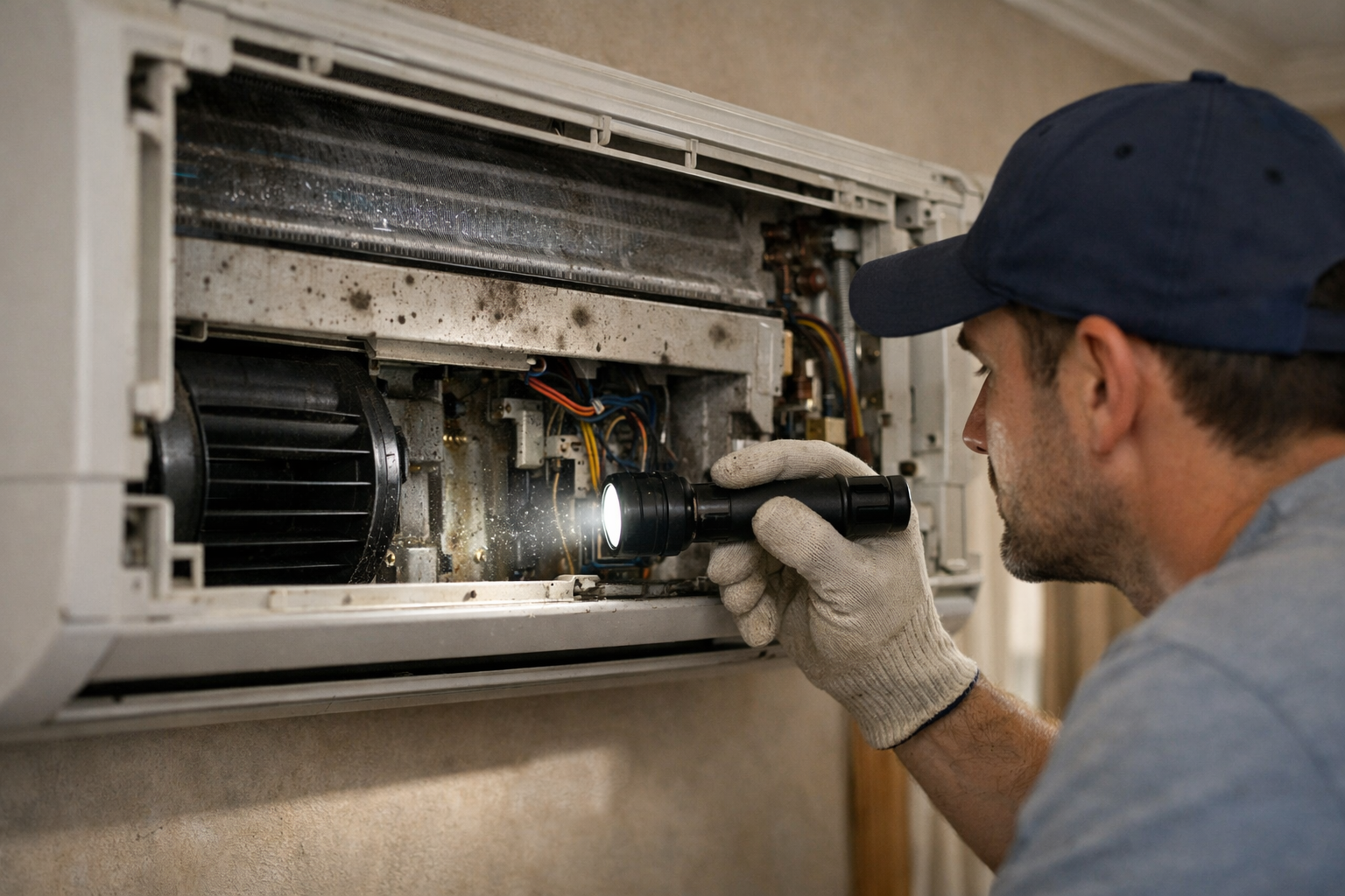Technician inspecting air conditioner for mold and moisture buildup