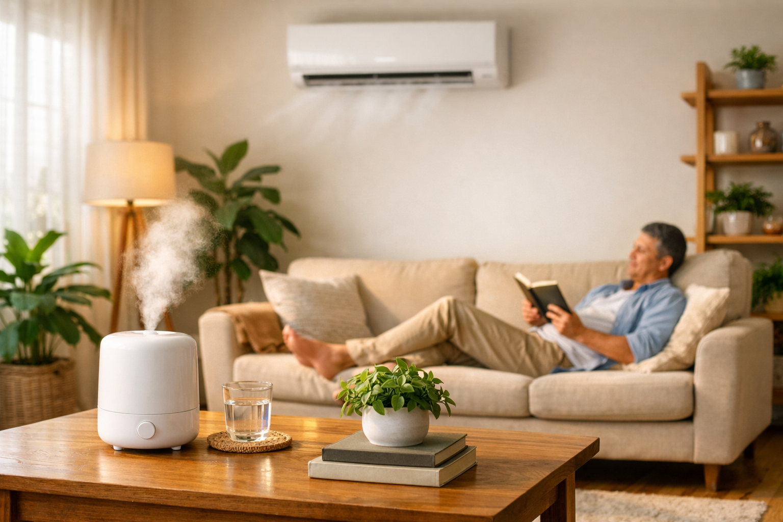 Comfortable living room with air conditioner and humidifier balance