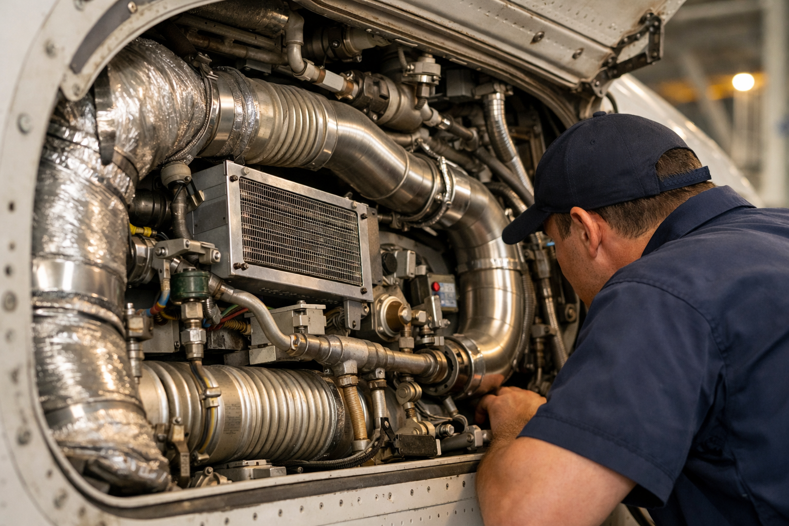 Aircraft cooling system components during maintenance inspection