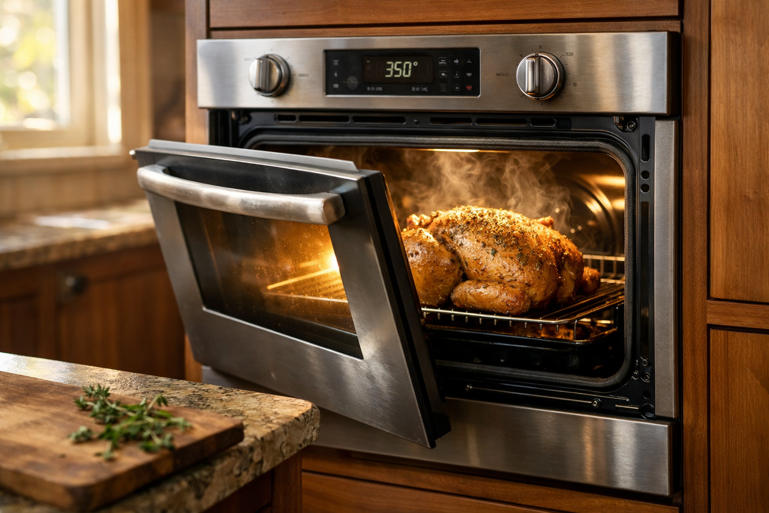A convection oven with door open showing chicken roasting inside warm kitchen