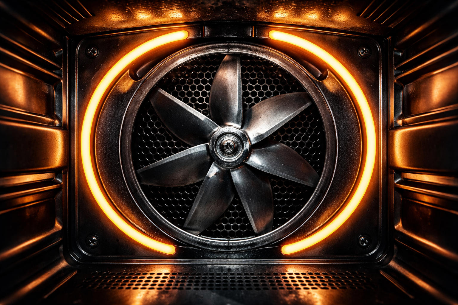 Close-up of convection oven fan and heating element inside oven cavity