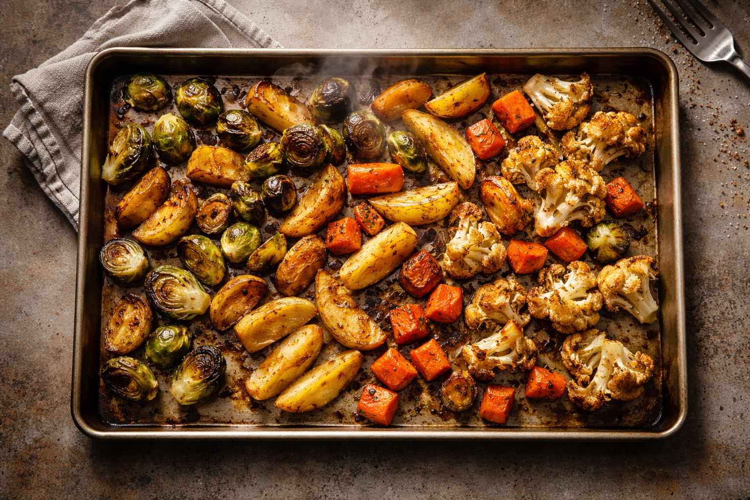 Perfectly roasted vegetables on baking sheet fresh from a convection oven