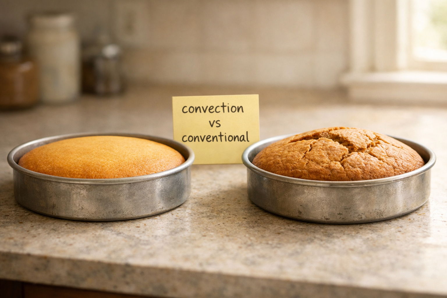Two cakes comparing convection oven versus conventional oven baking results