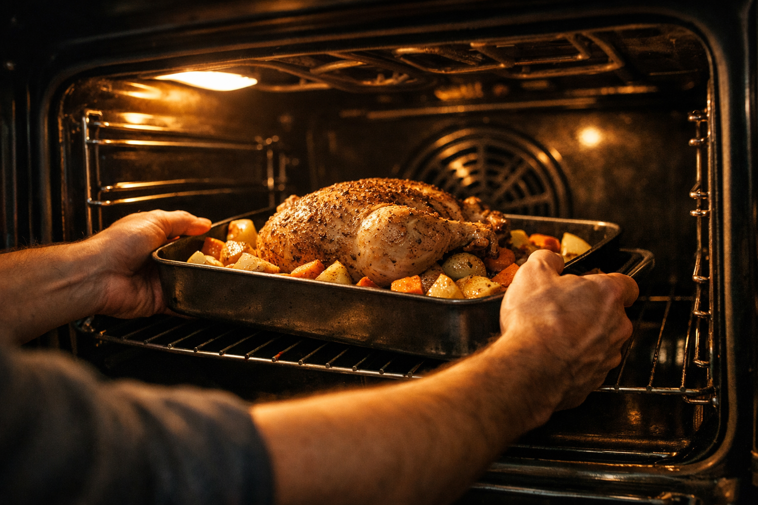 Home cook sliding roasting pan into convection oven during weeknight dinner preparation