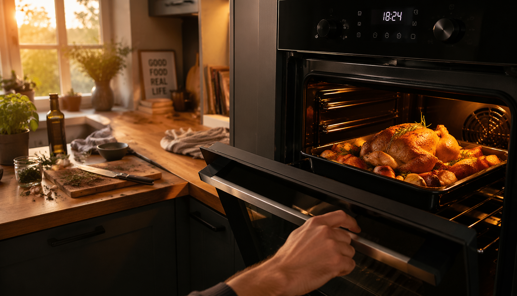 home cook using oven with roasted chicken warm kitchen scene