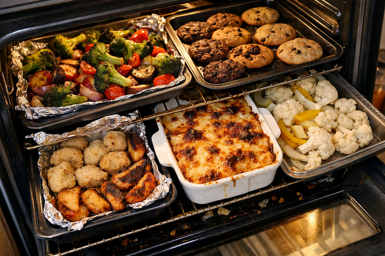 overcrowded oven trays blocking airflow causing uneven cooking