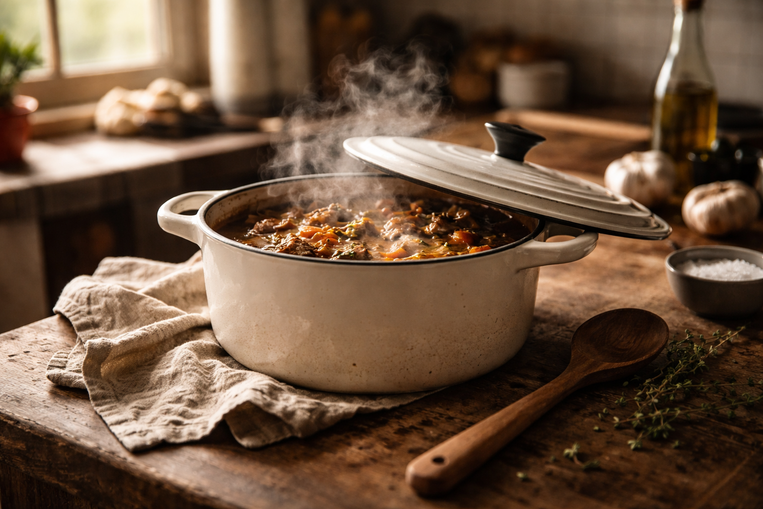 enameled dutch oven with stew on rustic kitchen counter