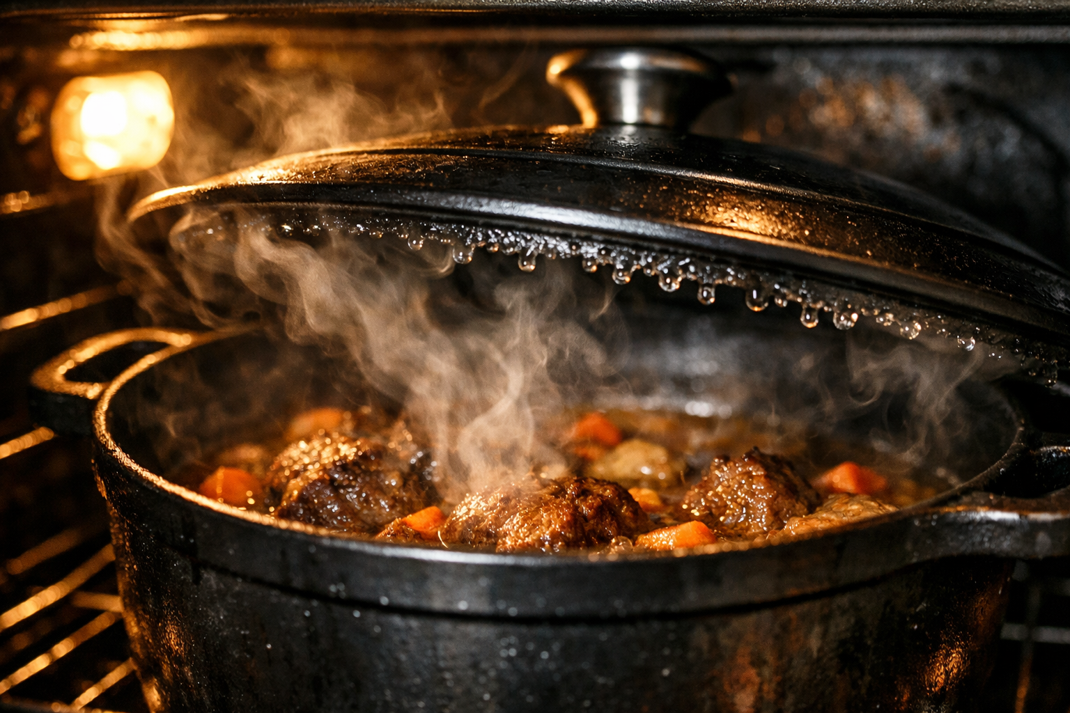 steam circulating inside dutch oven during cooking process