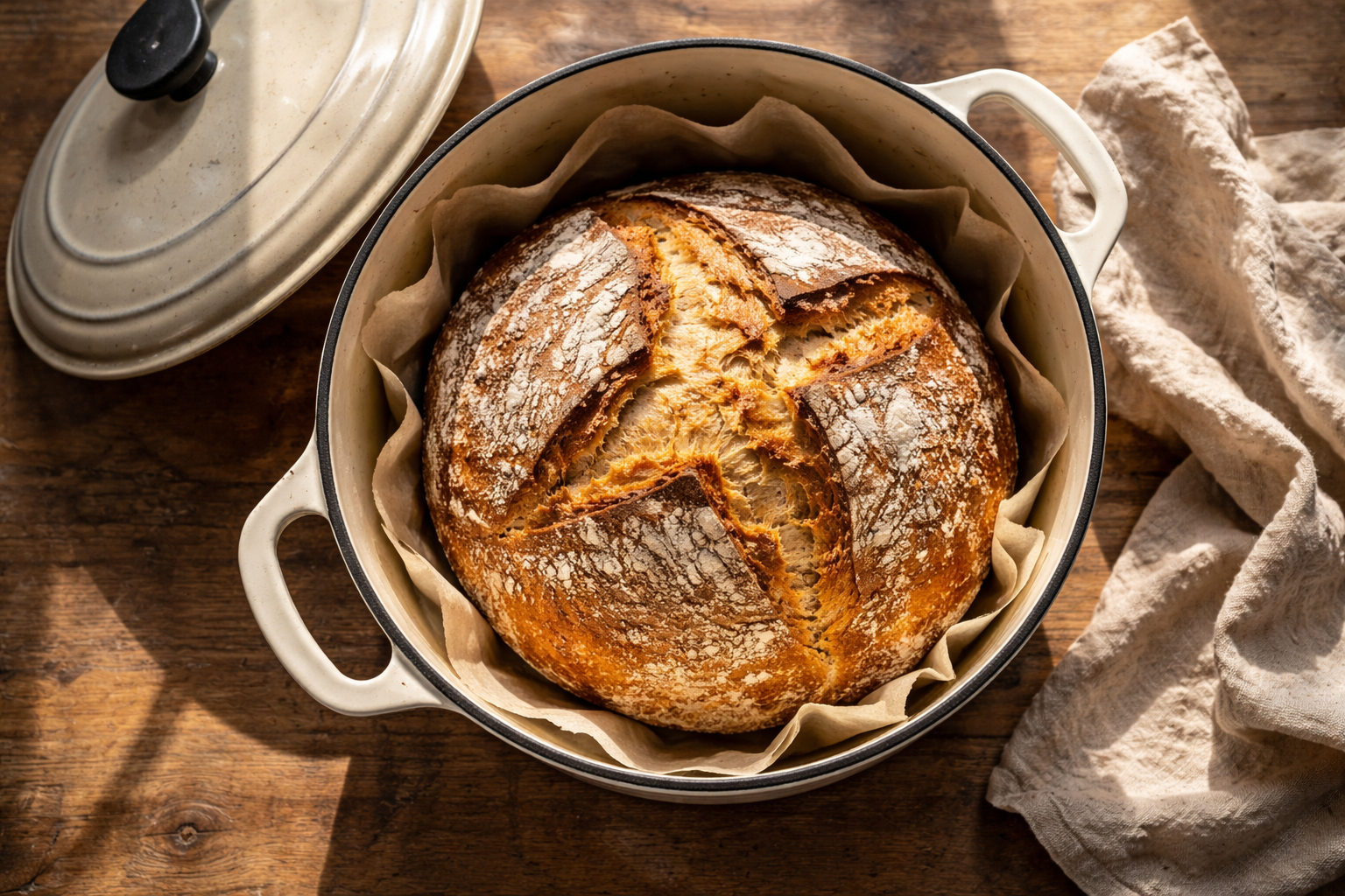 artisan bread baked inside dutch oven with crispy crust