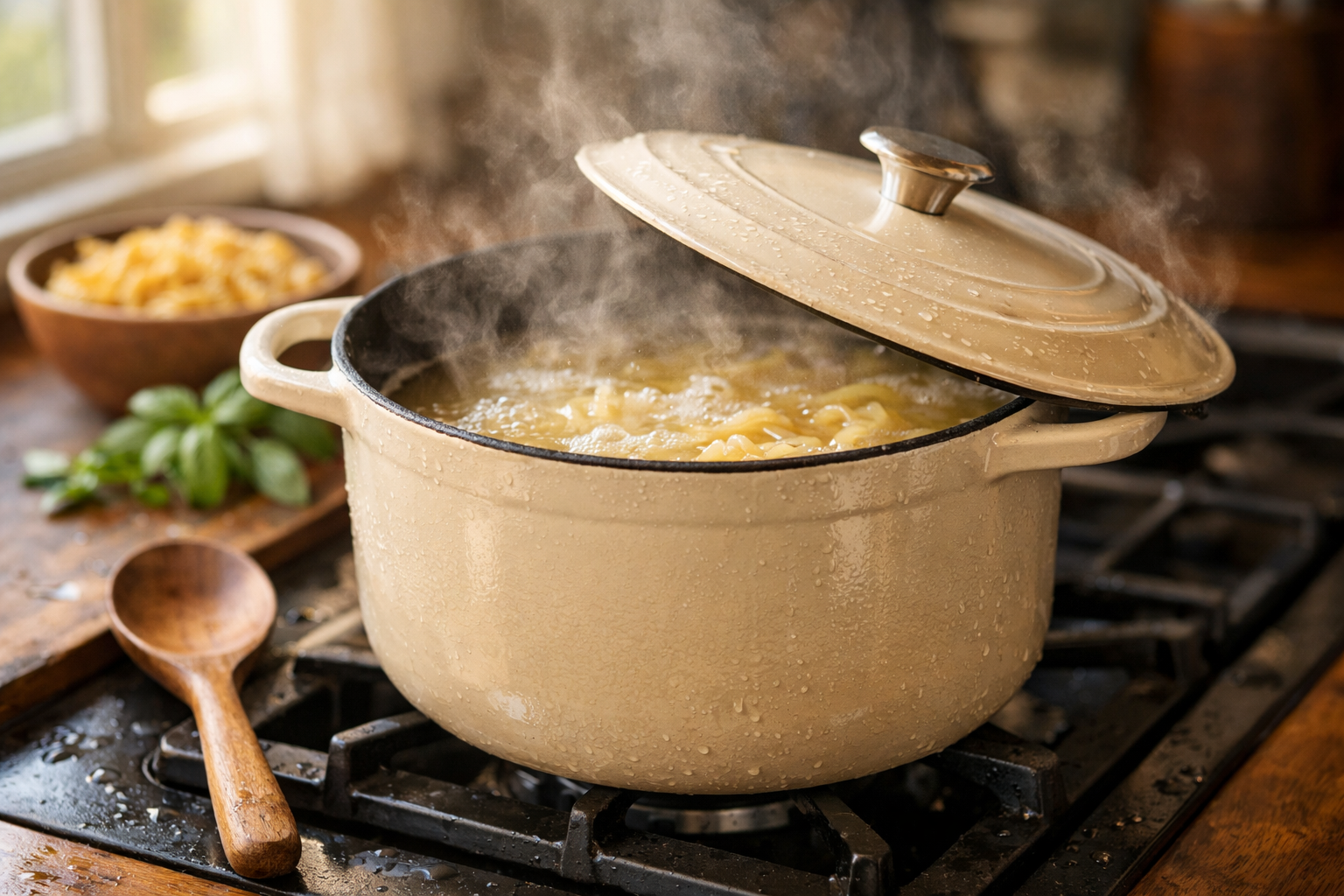 Dutch oven cooking pasta on stovetop with steam rising