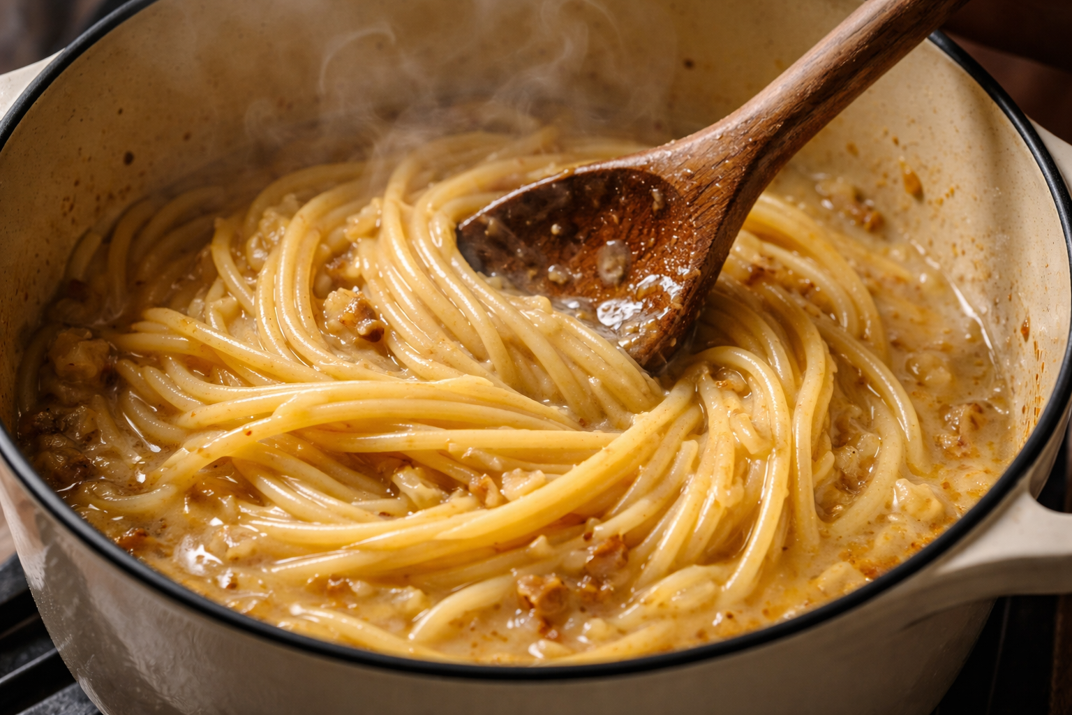 stirring pasta in Dutch oven with thickening sauce texture