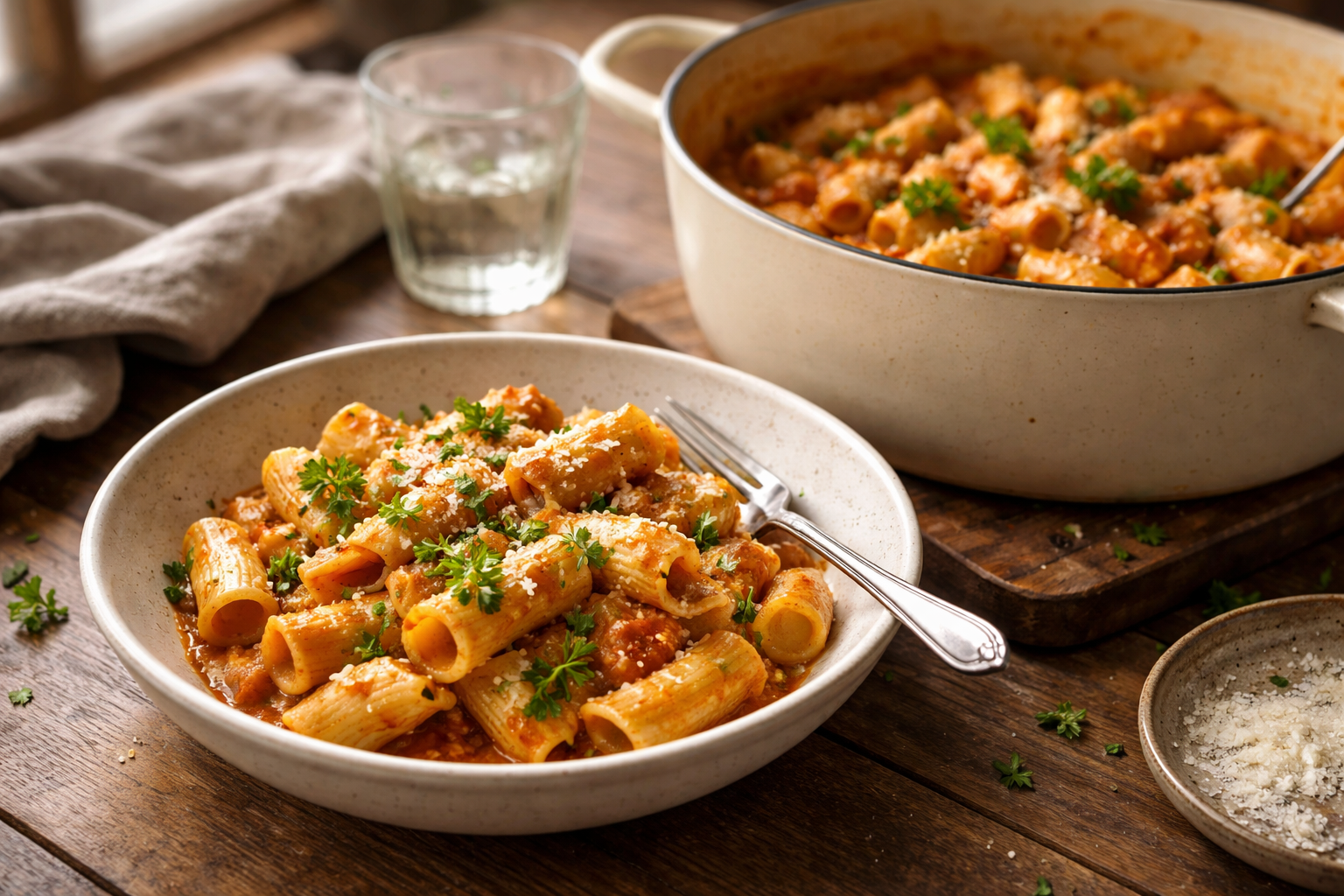 one pot pasta served from Dutch oven rustic table setting