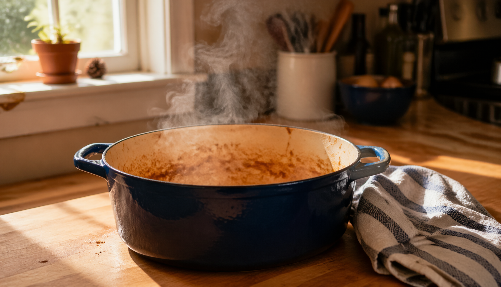Dutch oven resting after cooking on warm kitchen counter
