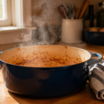 Dutch oven resting after cooking on warm kitchen counter
