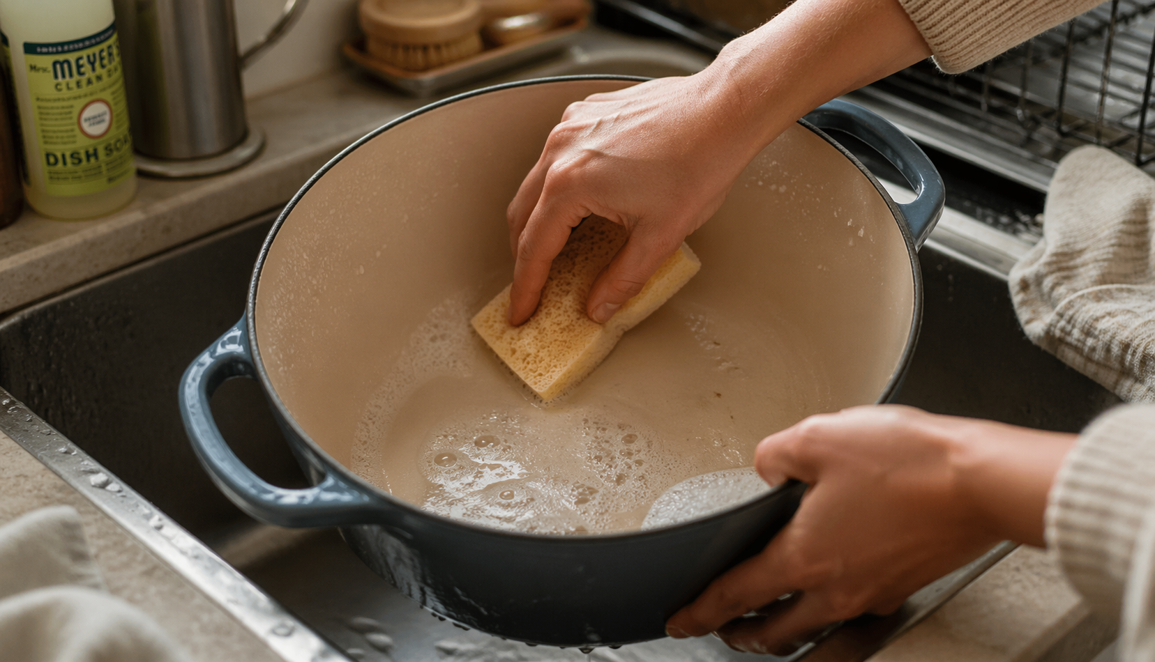 Hands gently cleaning Dutch oven with soft sponge in sink
