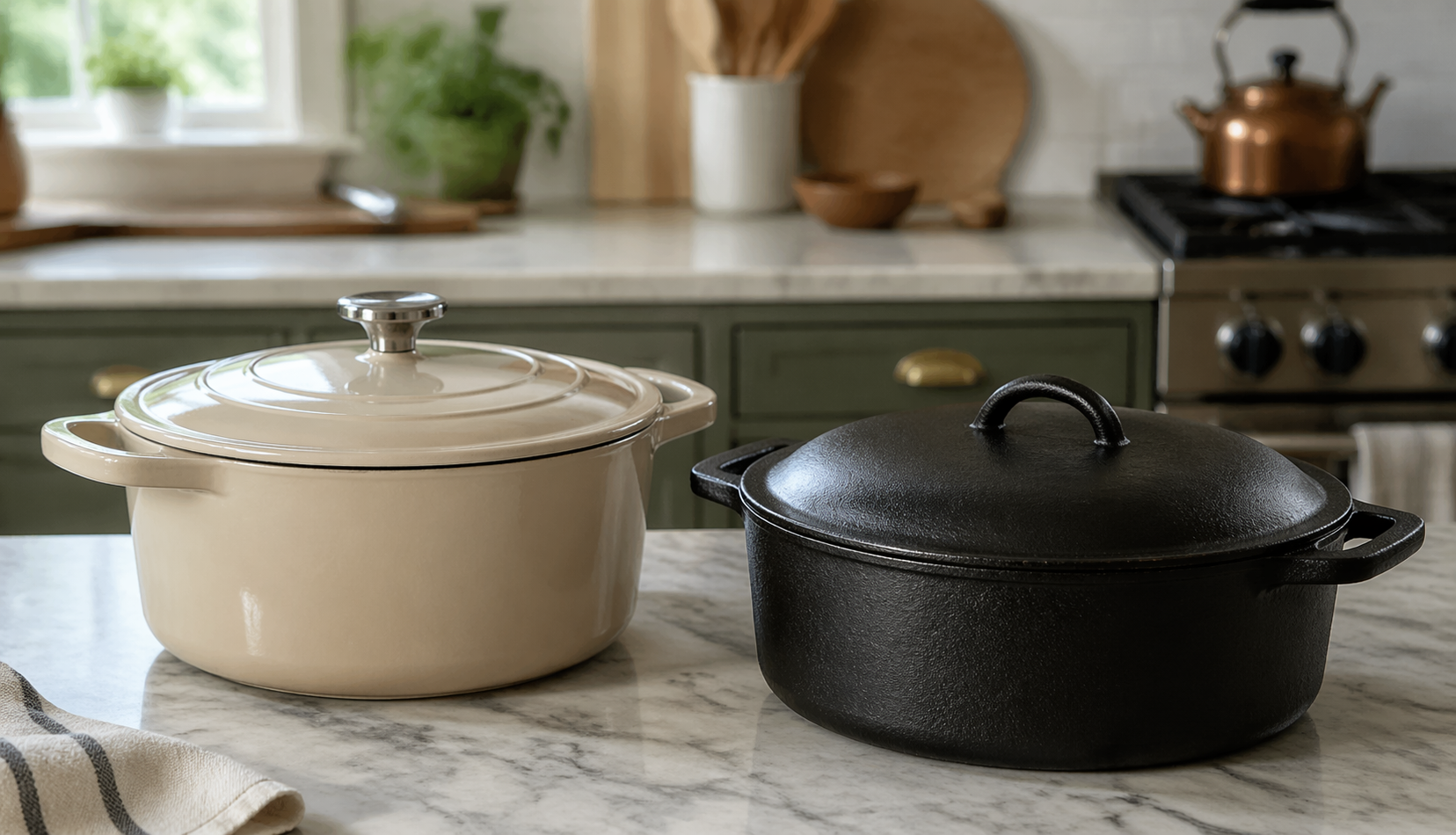 Side-by-side enamel and cast iron Dutch oven comparison