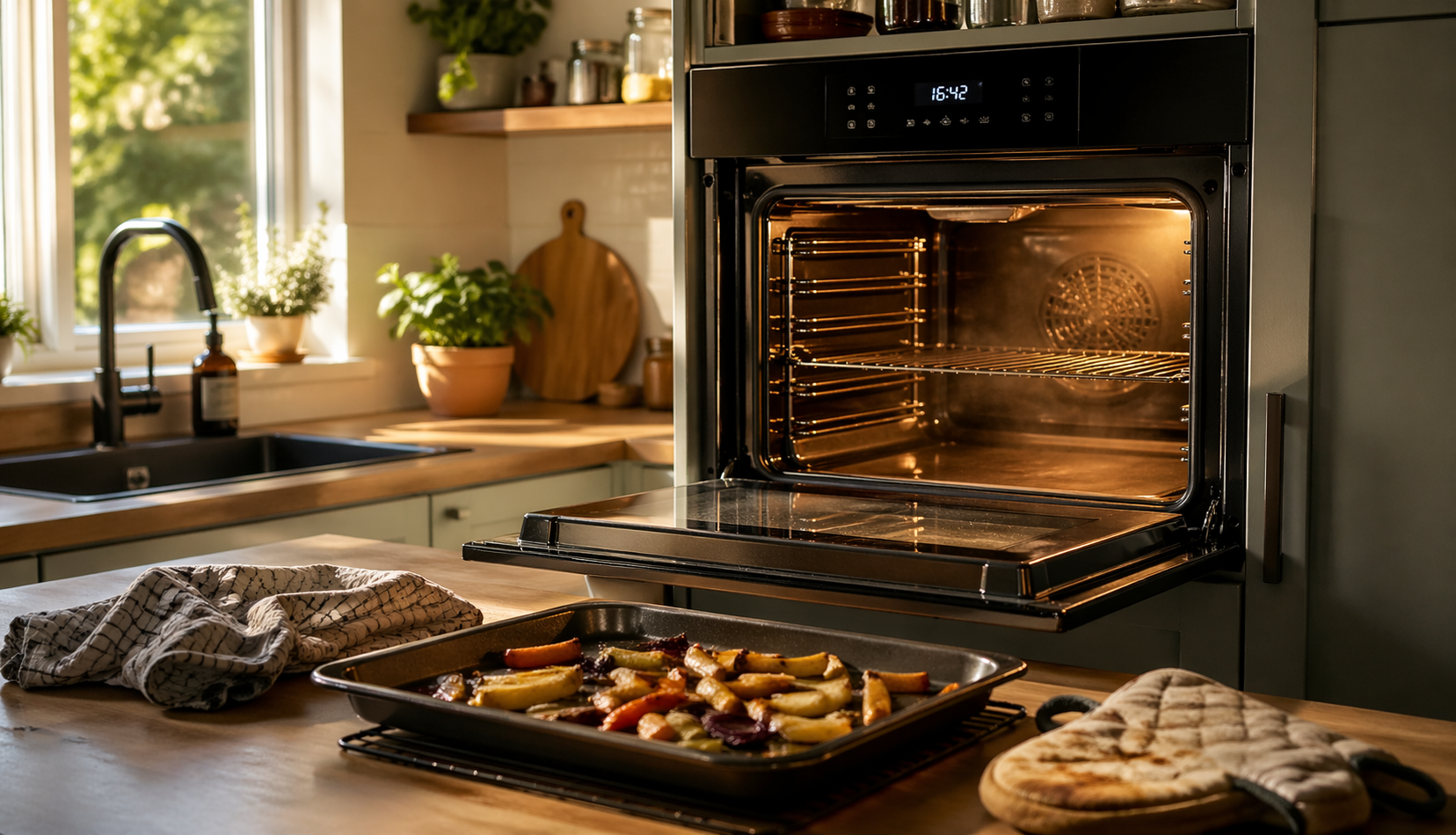 Convection oven open after cooking crispy roasted food