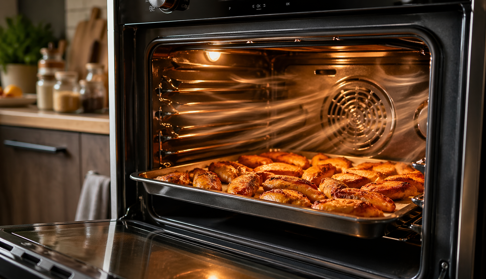 Food browning inside convection oven with hot air circulation