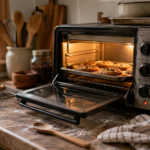 Toaster oven baking cookies on kitchen counter with warm lighting